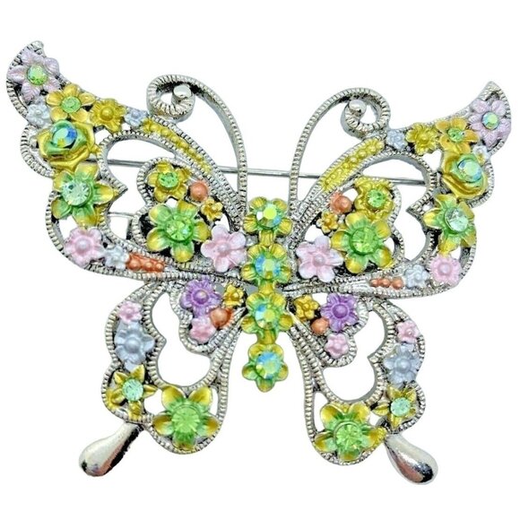 Wein Jewelry - Wein Butterfly Brooch Pin Colorful Rhinestones & Flowers Signed
